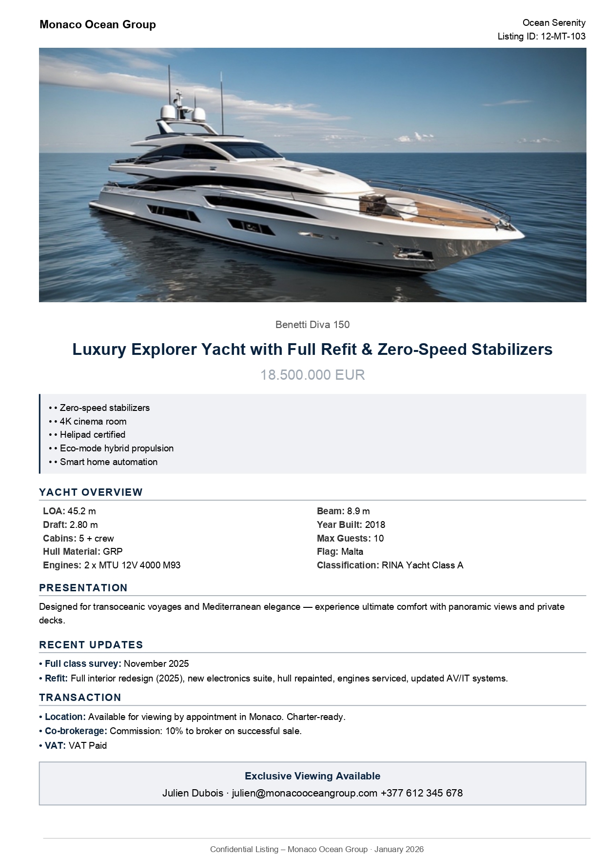 One-page yacht sell sheet mockup